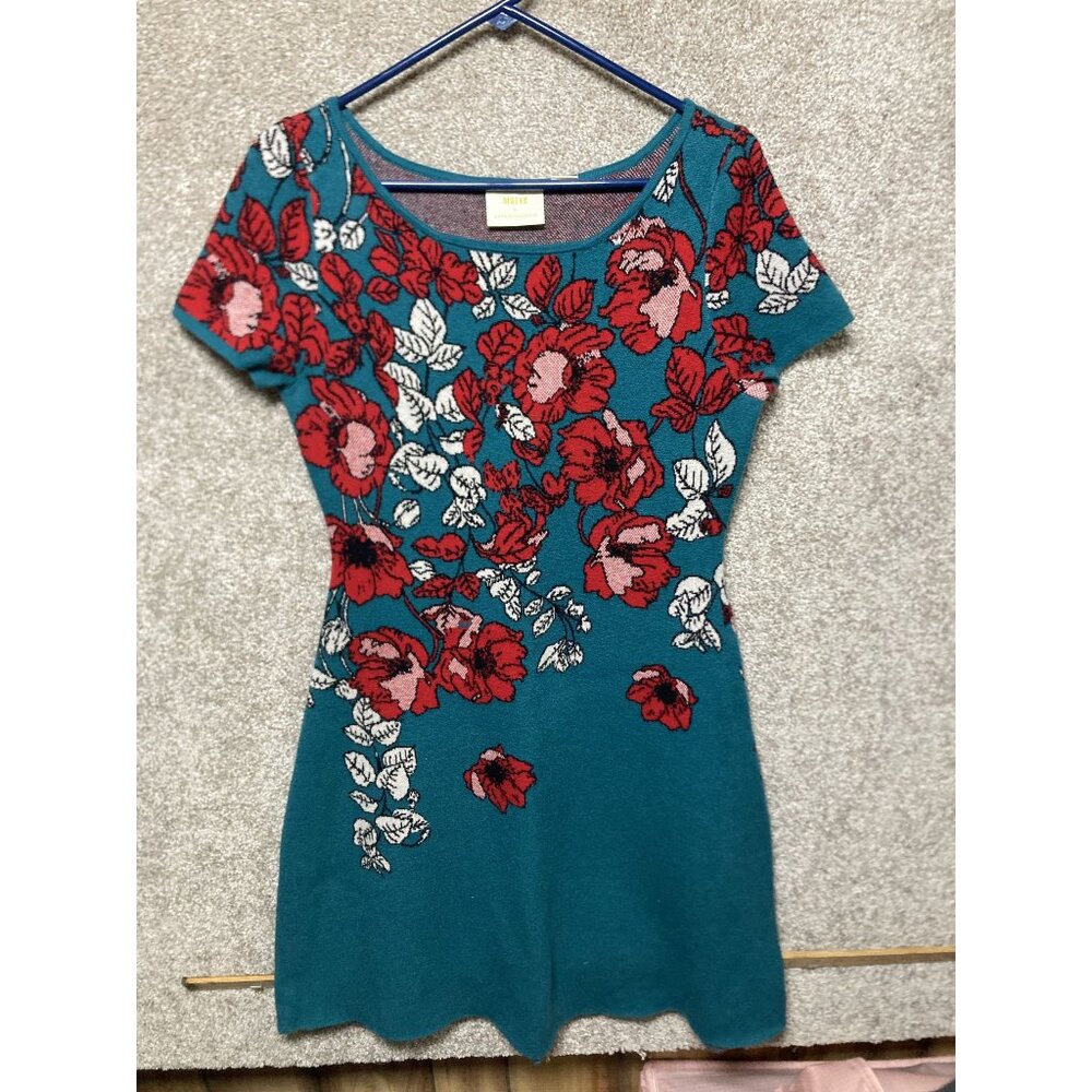 Maeve By Anthropologie Floral Knit Dress Medium Teal & Red Short Sleeve Scoop Ne - Picture 1 of 4